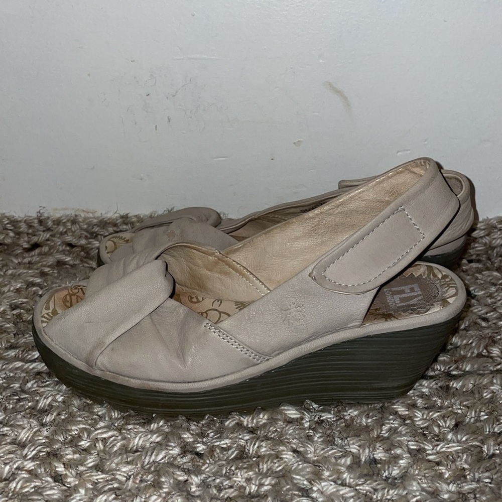 Fly London Yata Rubber Wedge twist leather Velcro strap sandals